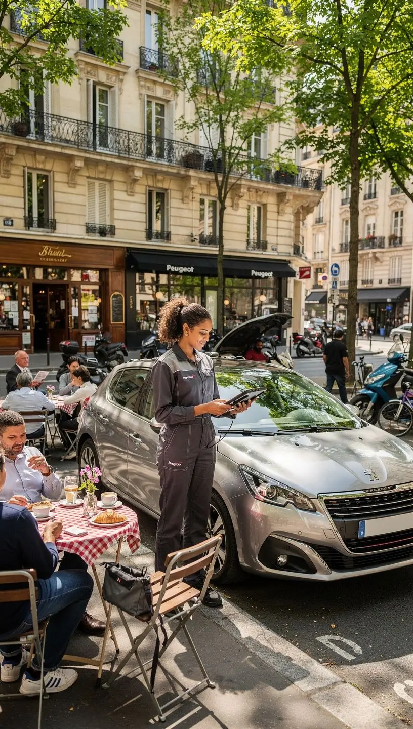 Mécanicien mobile en France effectuant une réparation de voiture directement chez le client avec équipement professionnel.