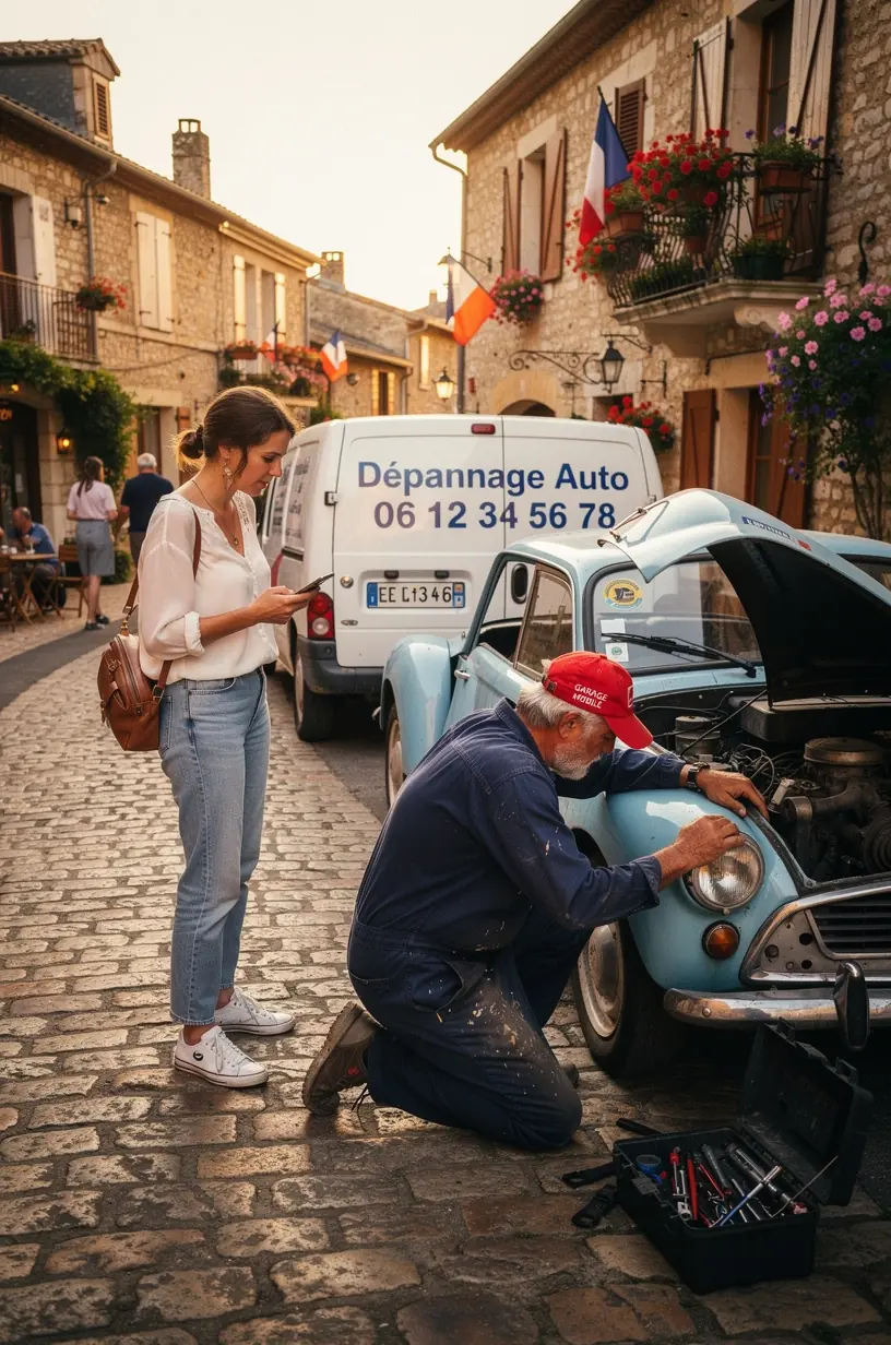 Technicien automobile en intervention à domicile, réalisant un contrôle et une maintenance préventive sur un véhicule personnel.